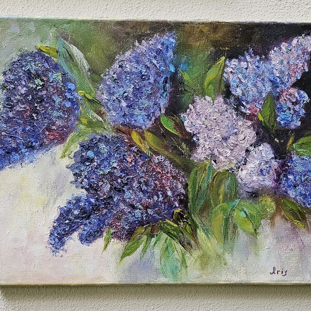Original oil hand painted Lilac, wild flowers